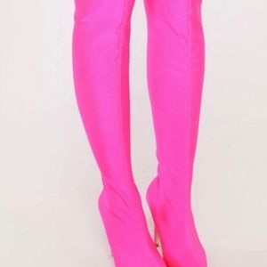 Thigh high neon pink peep toe boots